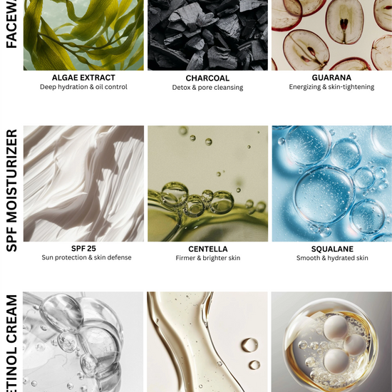 Skincare product ingredients with images and descriptions.