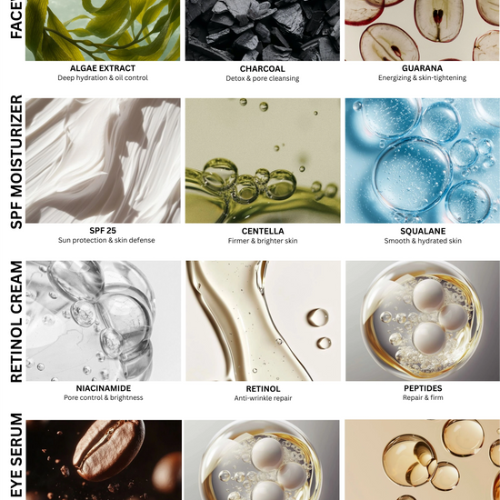 Skincare product ingredients with images and text labels.