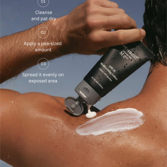 “Men applying Mensco SPF moisturiser for UV protection and radiant skin”