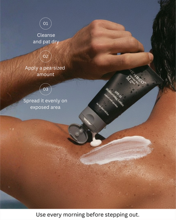 “Men applying Mensco SPF moisturiser for UV protection and radiant skin”