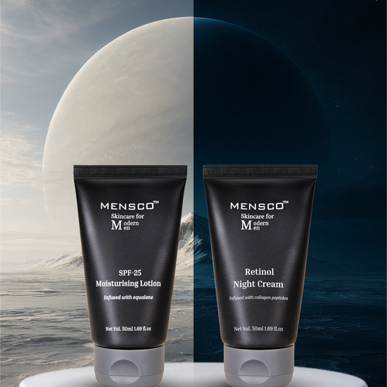 Mensco AM and PM essentials kit for men featuring SPF day cream and retinol night cream