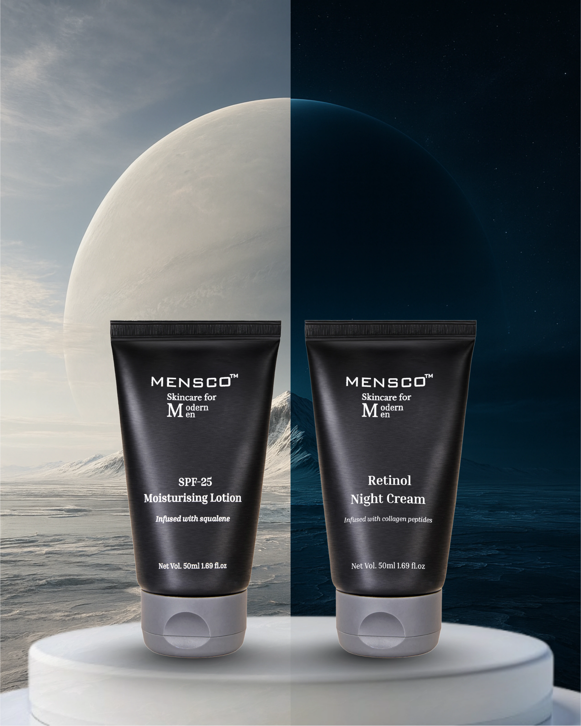 Mensco AM and PM essentials kit for men featuring SPF day cream and retinol night cream