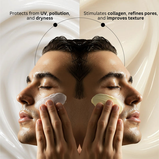 Day and night skincare routine for men using Mensco AM PM essentials kit
