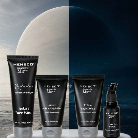 Mensco skincare products on a white platform with a mountain and moon background
