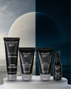 Mensco skincare products on a white platform with a mountain and moon background