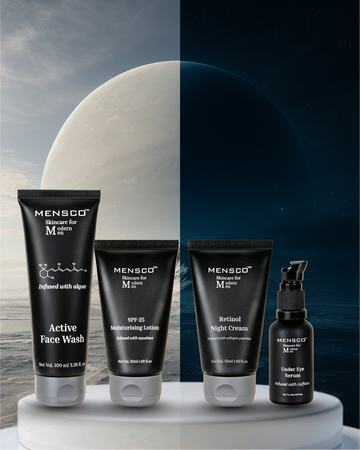 Mensco skincare products on a white platform with a mountain and moon background
