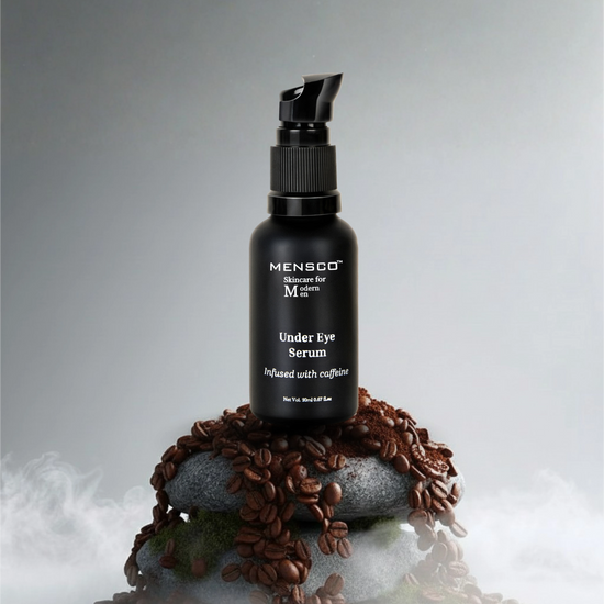 “Mensco reviving under eye serum with caffeine to reduce dark circles and puffiness in men”