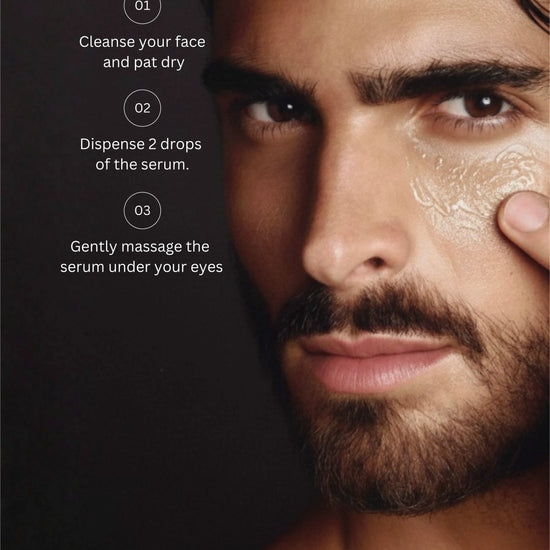 “Men applying caffeine under eye serum to brighten dark circles and smooth fine lines”