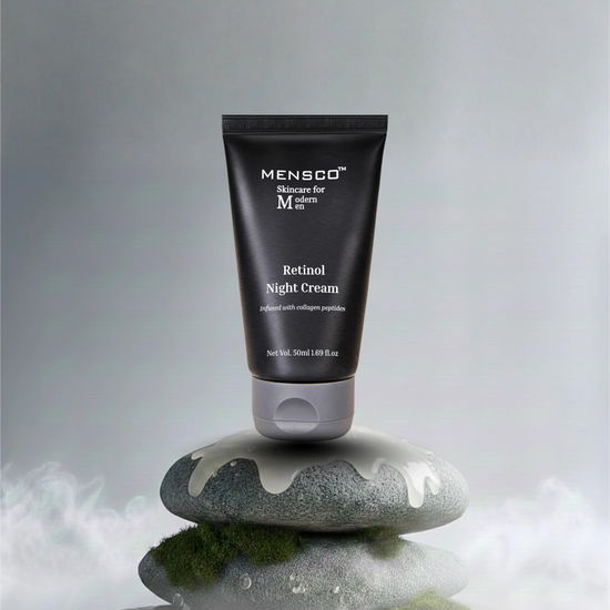 “Mensco restoring night cream with retinol for men to reduce wrinkles and repair skin overnight”