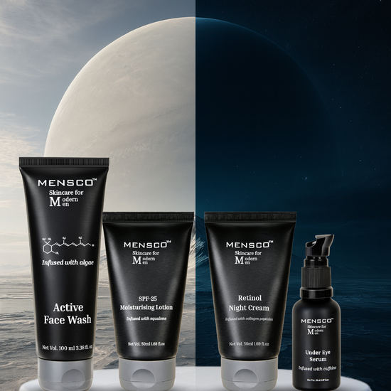 Mensco skincare products on a white platform with a mountain and moon background