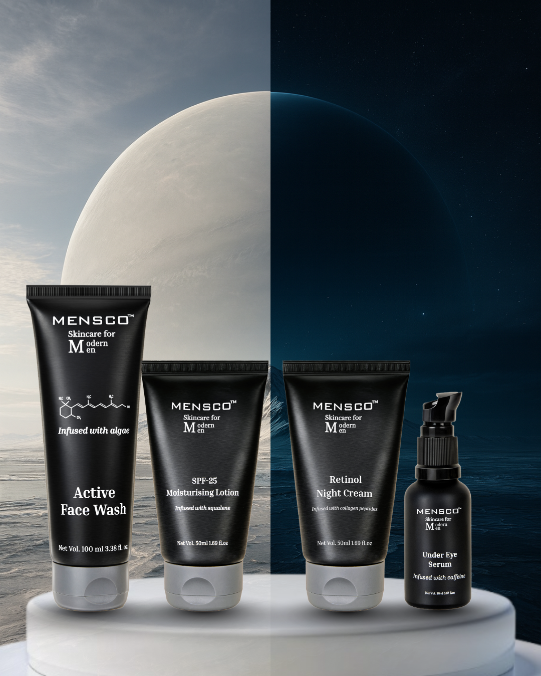 Mensco skincare products on a white platform with a mountain and moon background