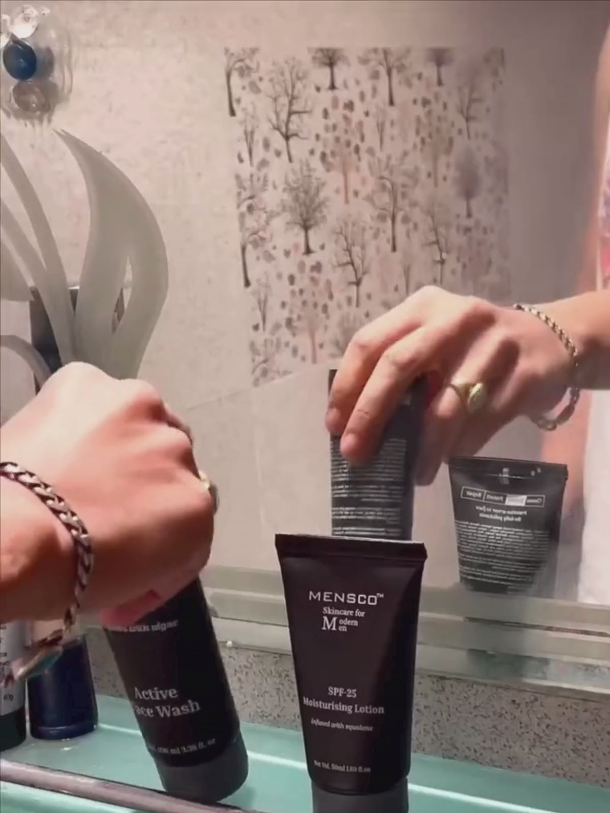 “Men using Mensco daily protection skincare kit for pollution and sun defense”